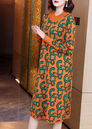 Einfaches orange O-Neck Letter Print Strickpullover Kleid Langarm