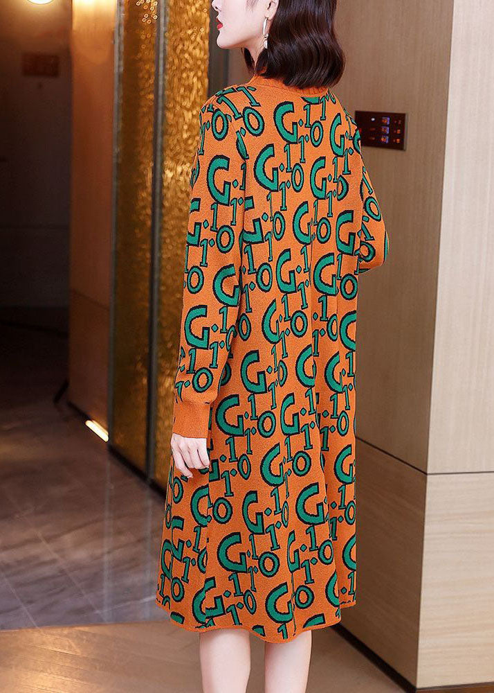 Einfaches orange O-Neck Letter Print Strickpullover Kleid Langarm