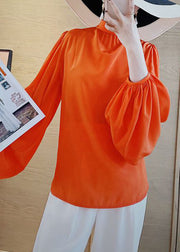 Simple Orange Stand Collar Silk Top Lantern Sleeve