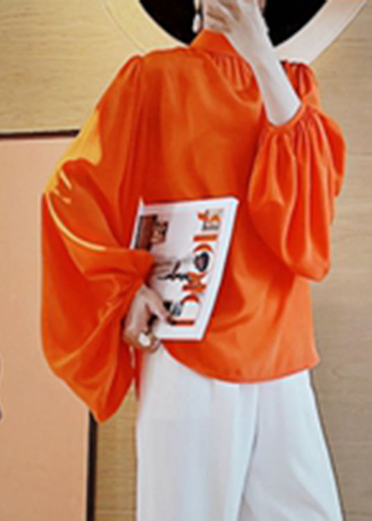 Simple Orange Stand Collar Silk Top Lantern Sleeve