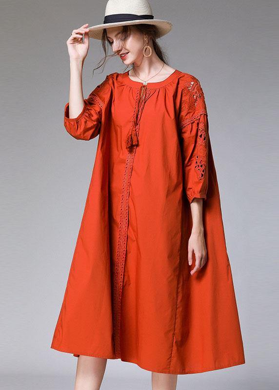 Simple Orange Three Quarter Sleeve Lace Solid Spring Holiday Dress - SooLinen