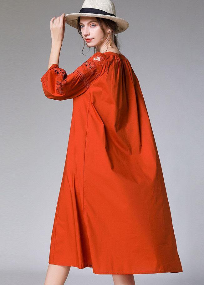 Simple Orange Three Quarter Sleeve Lace Solid Spring Holiday Dress - SooLinen