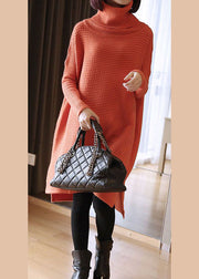 Simple Orange Turtle Neck Oversized Knitted Long Sweater Spring