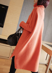 Simple Orange Turtle Neck Oversized Knitted Long Sweater Spring