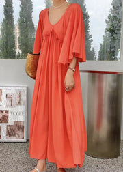 Simple Orange V Neck Patchwork Wrinkled Cotton Dress Flare Sleeve
