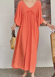 Simple Orange V Neck Patchwork Wrinkled Cotton Dress Flare Sleeve
