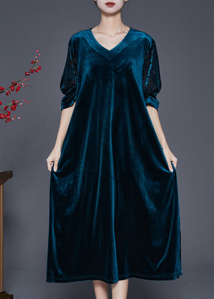 Simple Peacock Blue Oversized Silk Velour Holiday Dress Fall