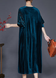 Simple Peacock Blue Oversized Silk Velour Holiday Dress Fall