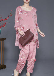 Simple Pink Asymmetrical Design Embroidered Floral Silk Two Pieces Set Spring