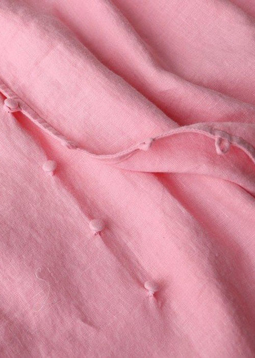 Simple Pink Button Lace Up Pockets Cotton Long Dress Spring