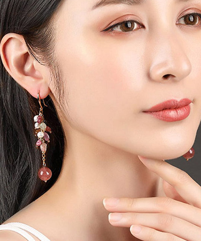 Simple Pink Copper Crystal Pearl Drop Earrings