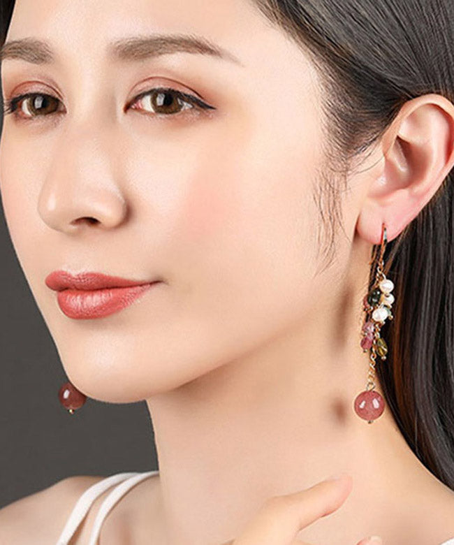 Simple Pink Copper Crystal Pearl Drop Earrings