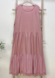 Simple Pink Embroideried Hollow Out Cotton Dress Sleeveless