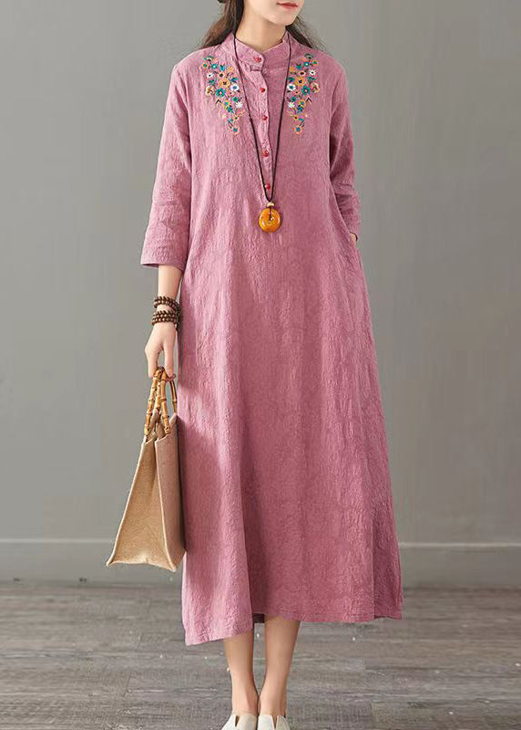 Simple Pink Embroidered Pockets Patchwork Cotton Dress Fall