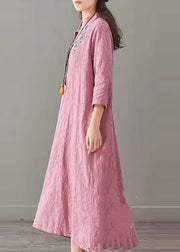 Simple Pink Embroidered Pockets Patchwork Cotton Dress Fall