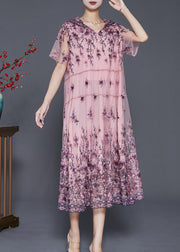 Simple Pink Embroidered Tulle Maxi Dresses Summer