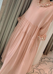 Simple Pink Floral Wrinkled Hoold Silk Maxi Dresses Flare Sleeve