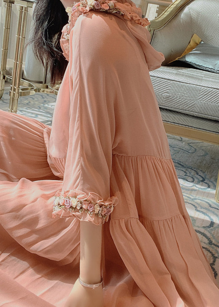Simple Pink Floral Wrinkled Hoold Silk Maxi Dresses Flare Sleeve