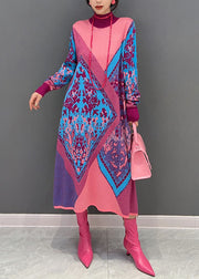 Simple Pink Hign Neck Geometric Patchwork Knit Dress Winter