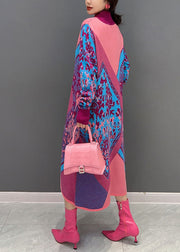 Simple Pink Hign Neck Geometric Patchwork Knit Dress Winter