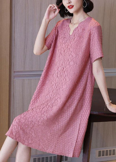 Simple Pink Jacquard V Neck Summer Dress - SooLinen