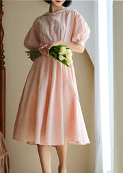 Simple Pink Peter Pan Collar Exra Large Hem Cinched Cotton Dresses Lantern Sleeve