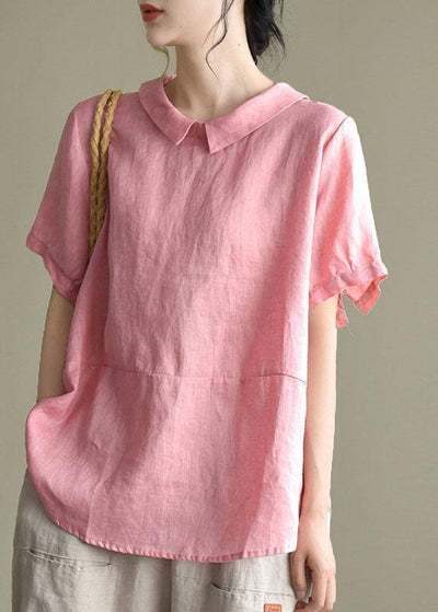 Simple Pink Peter Pan Collar Patchwork Summer Linen Blouses - SooLinen