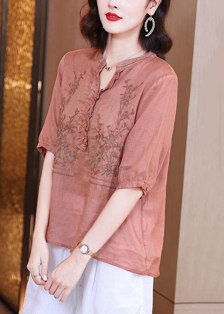 Simple Pink Ruffled Embroidered Patchwork Linen Tops Summer