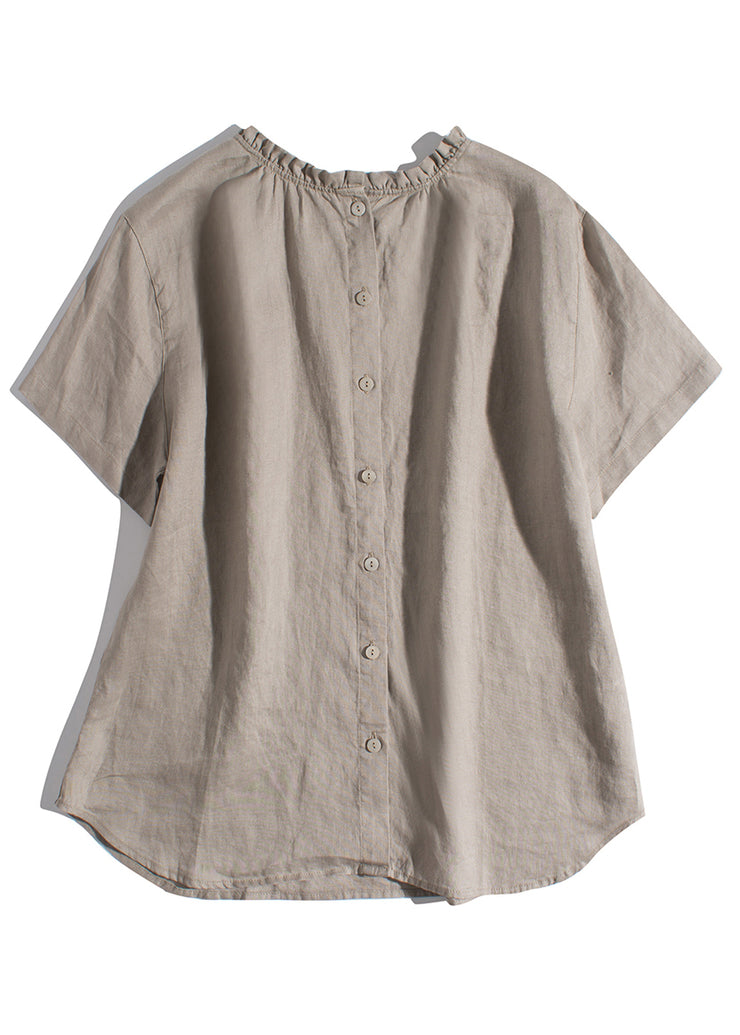 Simple Khaki Ruffled Wear On Both Sides Linen Blouses Summer