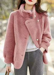 Simple Pink Stand Collar Pockets Patchwork Woolen Jackets Winter