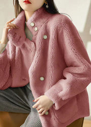 Simple Pink Stand Collar Pockets Patchwork Woolen Jackets Winter
