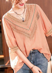 Simple Pink V Neck Hollow Out Patchwork Linen Tops Summer