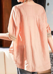 Simple Pink V Neck Hollow Out Patchwork Linen Tops Summer