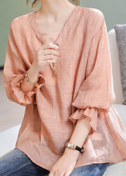 Simple Pink V Neck Spaghetti Strap And Shirts Linen 2 Piece Spring