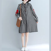 Simple Plaid Cotton quilting dresses Plus Size Tunic Tops lapel embroidery Art shirt Dress