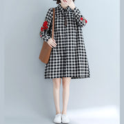 Simple Plaid Cotton quilting dresses Plus Size Tunic Tops lapel embroidery Art shirt Dress