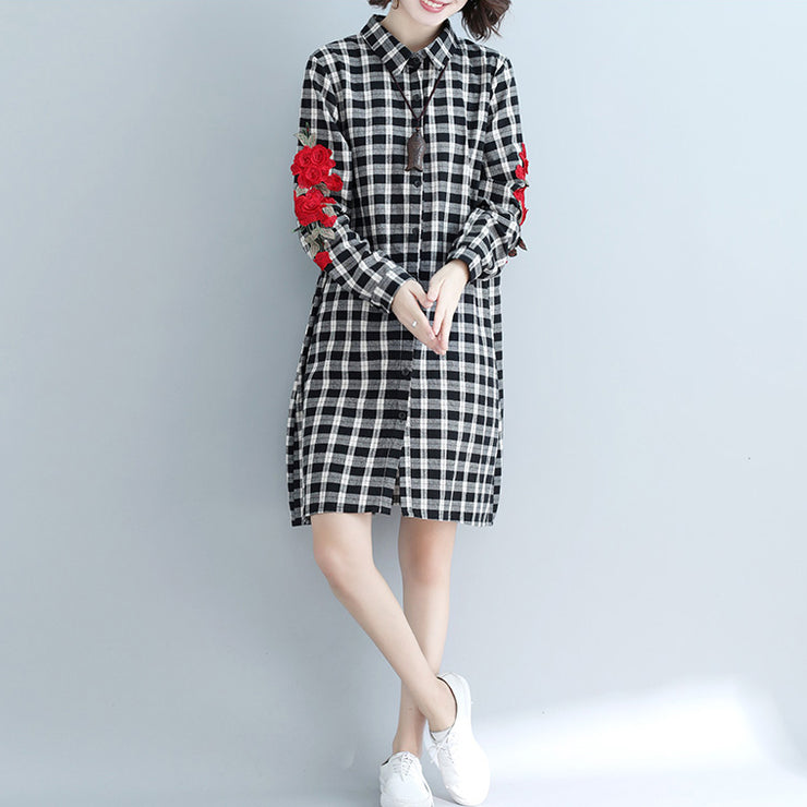 Einfache karierte Baumwollsteppkleider Plus Size Tunika Tops Reversstickerei Art Shirt Dress