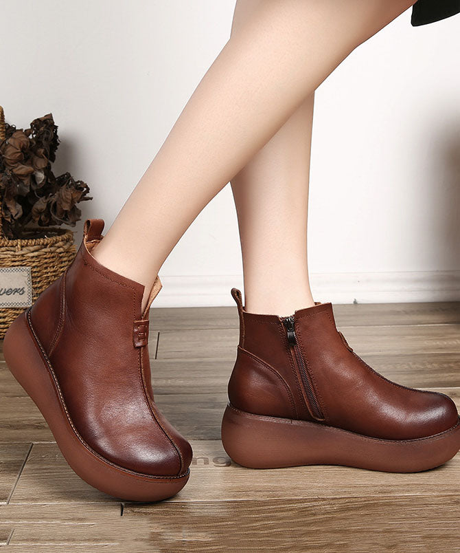 Simple Platform Boots Brown Cowhide Leather Zippered Ankle Boots