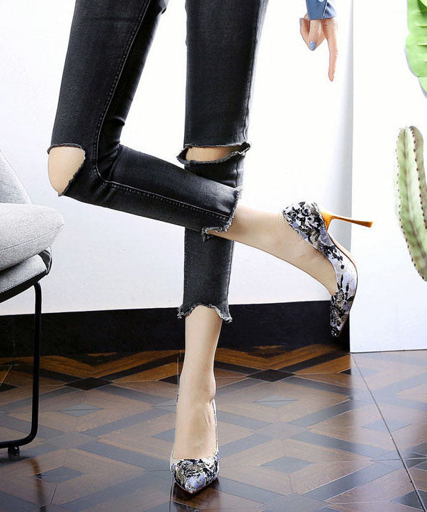 Simple Pointed Toe Stiletto High Heels Black Jacquard