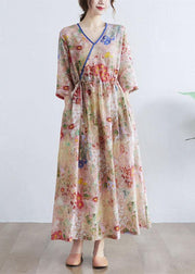 Simple Print V Neck Floral Summer Tie Waist Long Dresses Half Sleeve - SooLinen