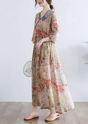 Simple Print V Neck Floral Summer Tie Waist Long Dresses Half Sleeve - SooLinen