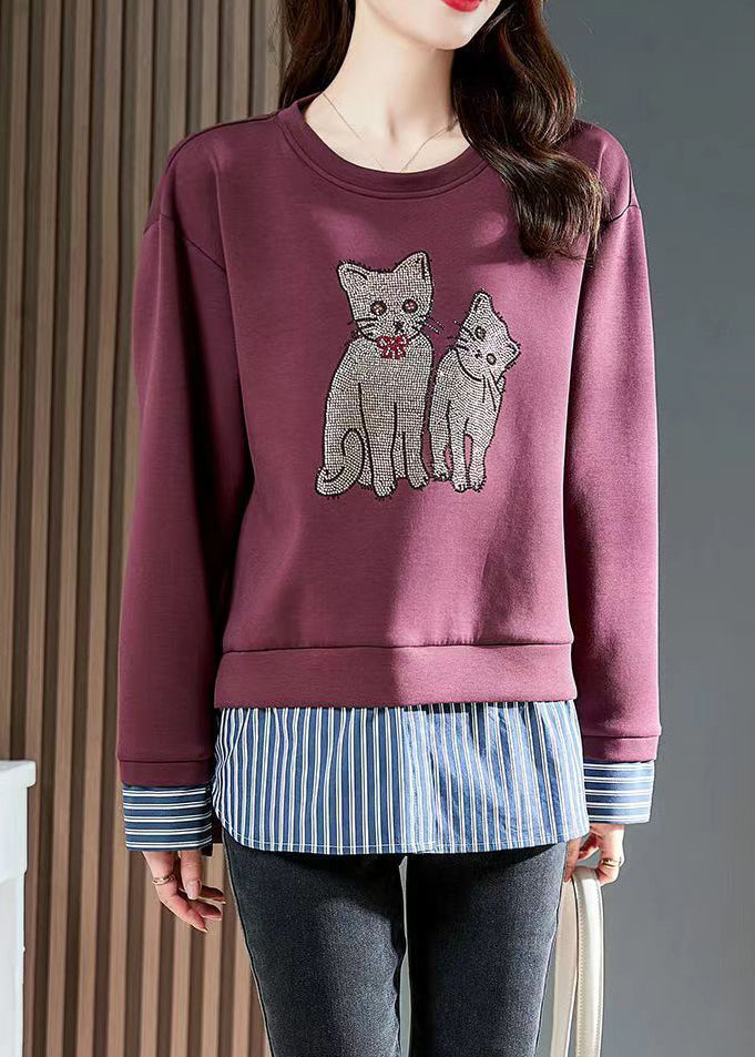 Simple Purple Cats Patchwork Cotton Pullover Tops Spring