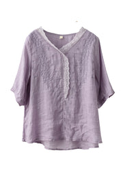Simple Purple Embroidered Linen Shirt Top Half Sleeve