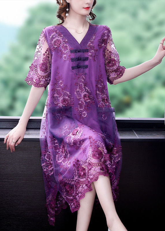 Simple Purple Embroidered Patchwork Lace Long Dresses Summer