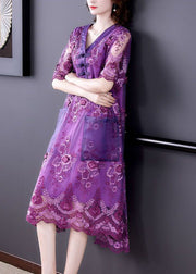 Simple Purple Embroidered Patchwork Lace Long Dresses Summer