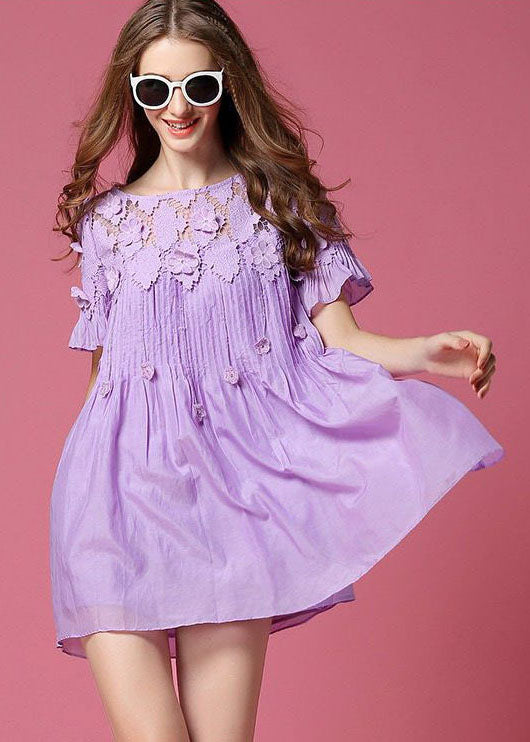 Simple Purple Hollow Out Wrinkled Cotton Day Dress Summer
