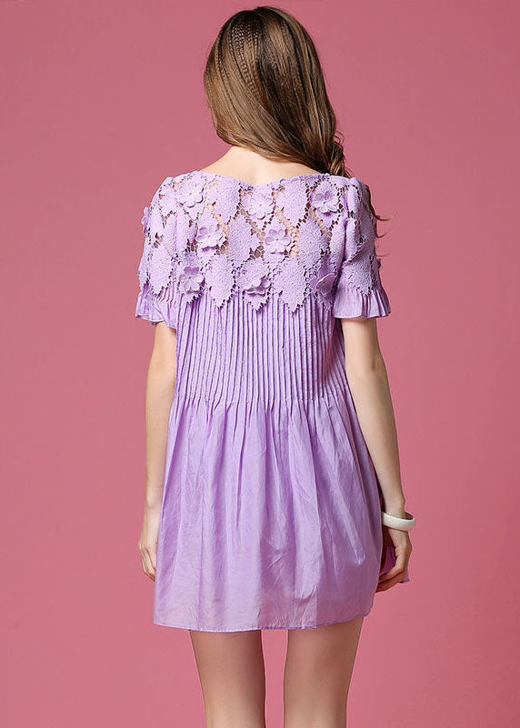 Simple Purple Hollow Out Wrinkled Cotton Day Dress Summer