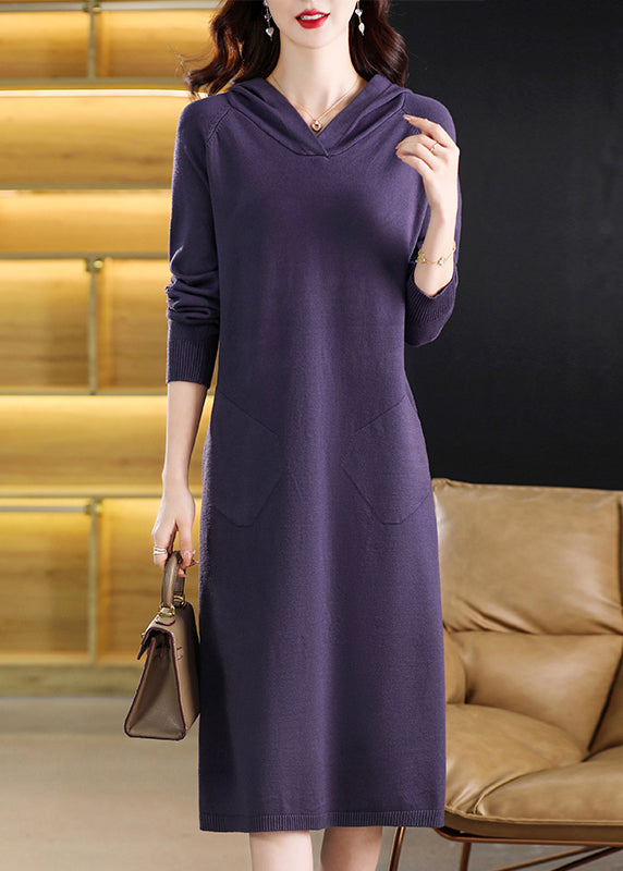 Simple Purple Hooded Pockets Patchwork Knit Dresses Fall