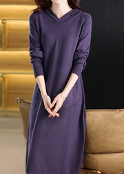 Simple Purple Hooded Pockets Patchwork Knit Dresses Fall