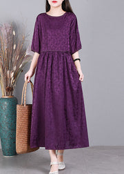 Simple Purple O-Neck Patchwork Wrinkled Jacquard Silk Maxi Dress Short Sleeve